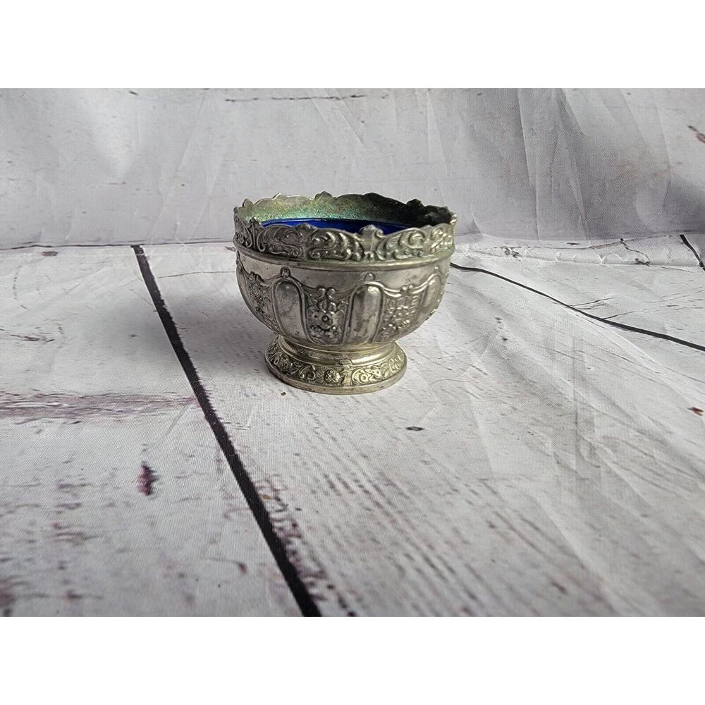 Japanese Repousse Cobalt Blue Glass Salt Dip Cellar Silver Plate Outer Dish
